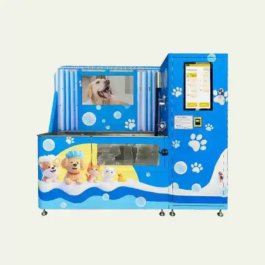 Blue self-service dog wash machine with paw prints, bubbles, and pet graphics for automated pet grooming.