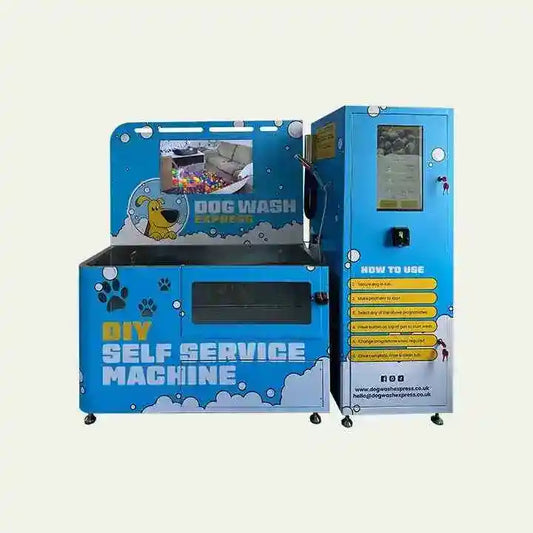 Blue DIY self-service dog wash machine with payment panel and usage instructions for pet grooming