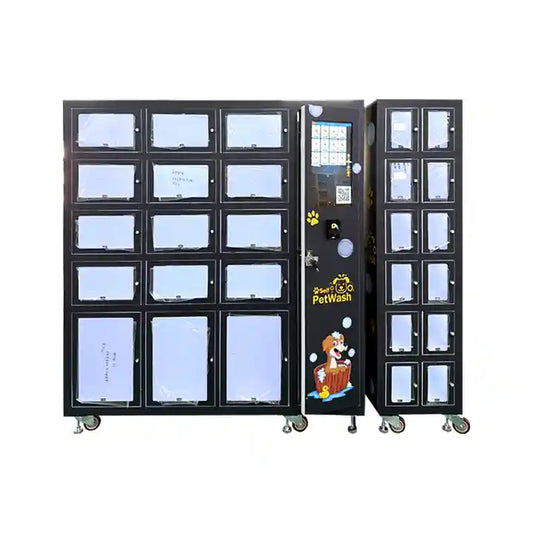 Self-service pet washing machine with multiple compartments and digital payment panel for dog grooming