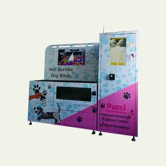 Self-service dog wash machine with colorful paw print design and digital display for pet grooming