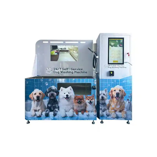 24/7 self-service dog washing machine with touchscreen, featuring happy dogs in a clean, tiled pet wash station.