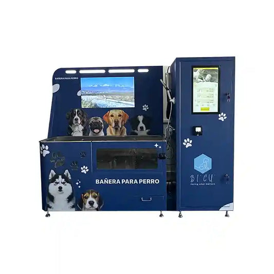 Self-service dog wash machine with touchscreen, pet images, and paw prints for automated pet grooming