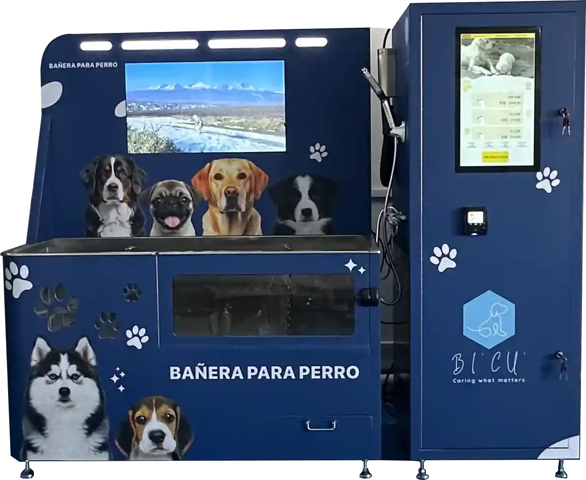 Blue self-service dog wash station with touchscreen, paw prints, and dog images, labeled 'BAÑERA PARA PERRO'
