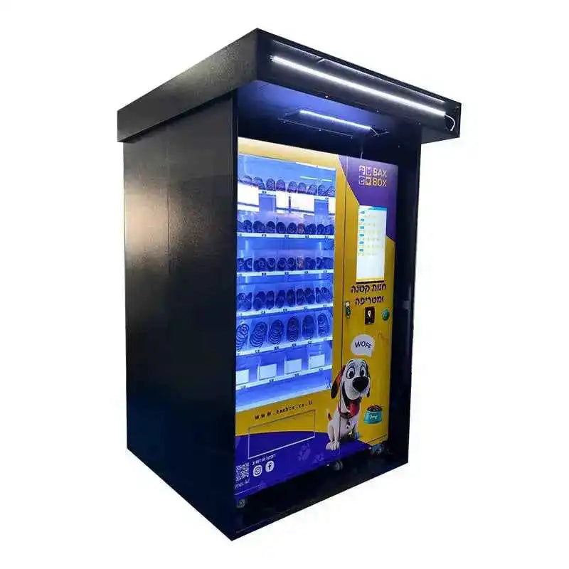 Smart pet product vending machine with illuminated shelves and dog graphics.