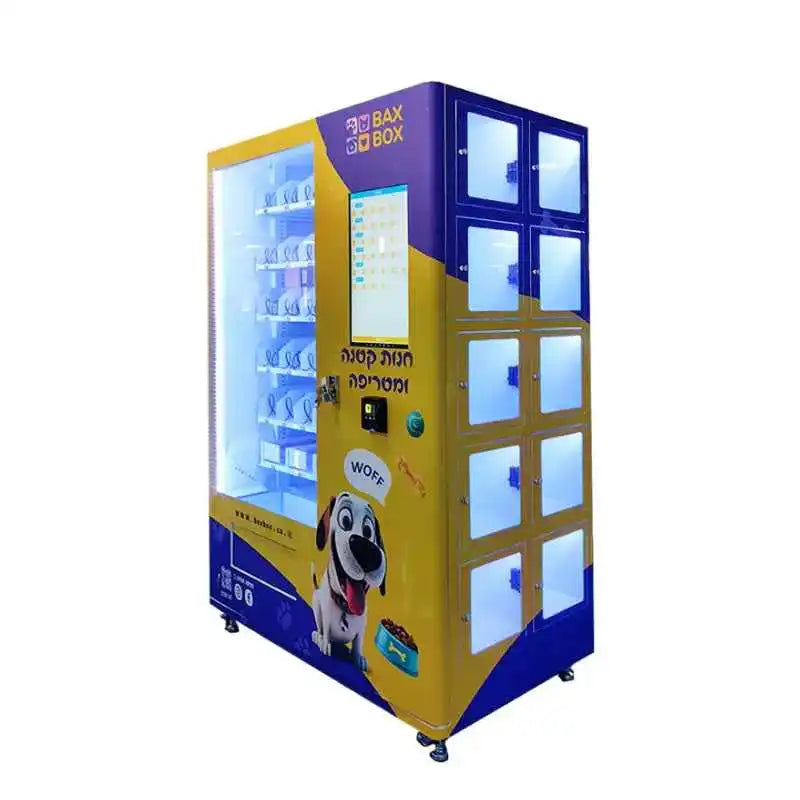 Pet vending machine with lockers, digital display, and cartoon dog design