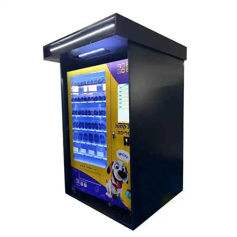 Smart pet products vending machine with canopy, dog cartoon, and illuminated product shelves