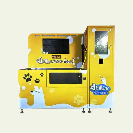 Yellow self-service dog wash vending machine with paw print graphics and cartoon dog.