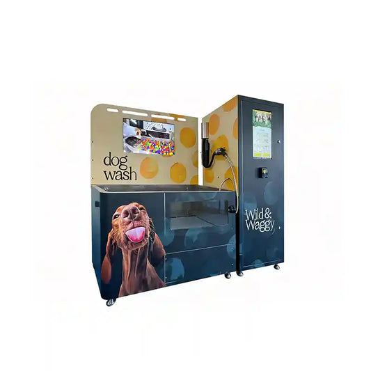 Self-service dog wash machine with touchscreen, hose, and happy dog graphic for pet grooming stations