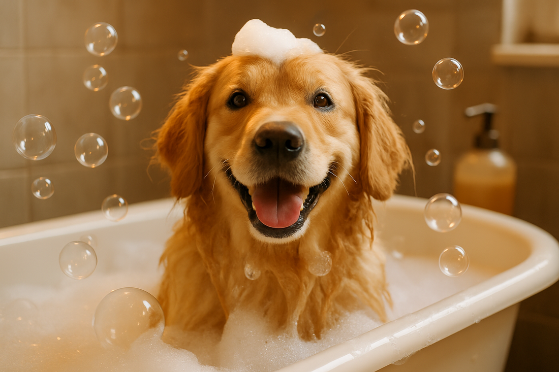 Cute Golden Retriever dog taking a bath in a tub, with water, bubbles, and a happy expression.