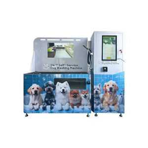 24/7 self-service dog washing machine with touchscreen, featuring happy dogs in a clean, tiled pet wash station.