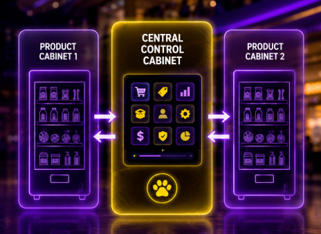 Central touchscreen controlling two independent pet product vending cabinets