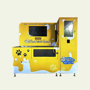 Yellow self-service dog wash vending machine with paw print graphics and cartoon dog.