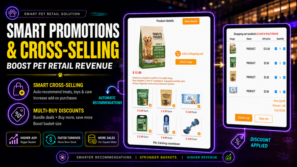 Smart pet retail solution with cross-selling & promotions for dog food, treats, and accessories to boost revenue