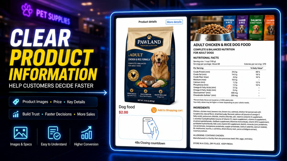 Pawland adult chicken & rice dog food bag with nutritional facts, price, and add to cart button on digital display